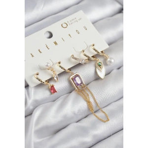 Pirinç Zirkon Taşlı Sallantılı Ve İncili Gold Renk 6lı Küpe Set