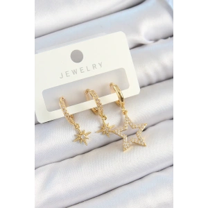 Pirinç Zirkon Taşlı Yıldız Model Gold Renk 3lü Çift Kadın Küpe Set