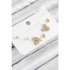 Pirinç Zirkon Taşlı Yıldız Model Gold Renk 925 Ayar Gümüş Çivi Kadın Küpe Set