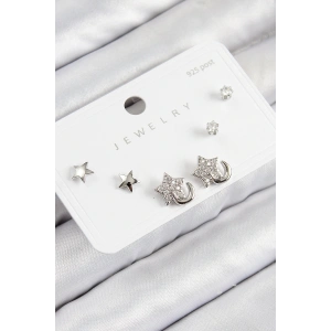 Pirinç Zirkon Taşlı Yıldız Model Gümüş Renk 925 Ayar Gümüş Çivi Kadın Küpe Set