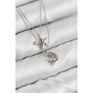 Pirinç Zirkon Taşlı Yıldız Ve Ay Model Gümüş Renk Kadın Kolye