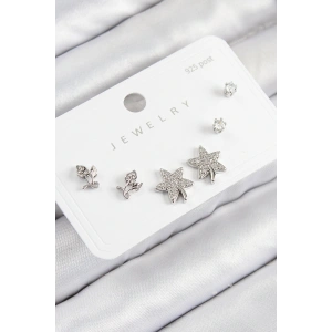 Pirinç Zirkon Taşlı Yıldız Ve Gül Model Gümüş Renk 925 Ayar Gümüş Çivi Kadın Küpe Set