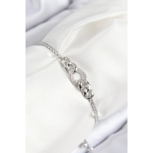 Pirinç Zirkon Taşlı Zincir Model Gümüş Renk Asansörlü Kadın Bileklik