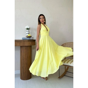 Sarı Askılı Keten Elbise