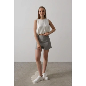 Saten Kolsuz Belki Lastikli Bluz - Ekru