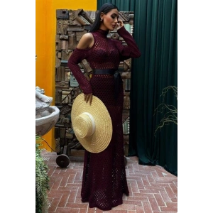 Saten Kuşaklı Ajurlu Triko Elbise 2847