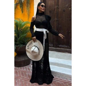 Saten Kuşaklı Ajurlu Triko Elbise 2847