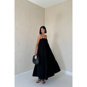 Siyah Askılı Parçalı Müslin Elbise