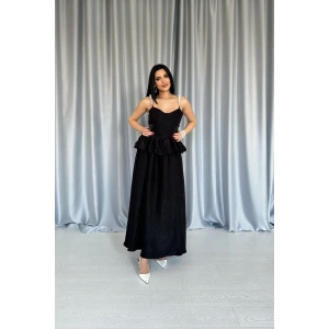 Siyah Beli Büzgülü İnci Askılı Uzun Elbise