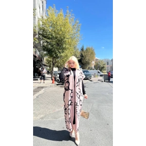 Siyah çizgi desenli elbiseli hırka takım pudra siyah