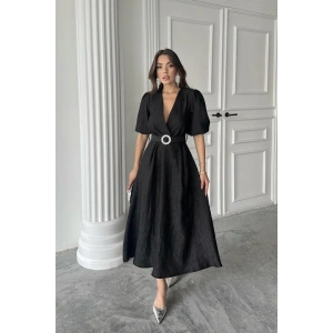 Siyah Işıltılı Kemerli Kruvaze Elbise