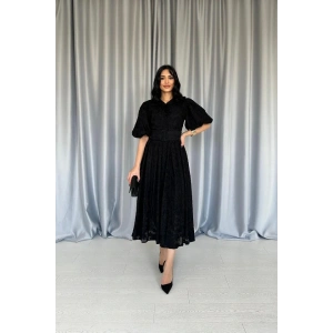 Siyah Kemerli Balon Kollu Elbise