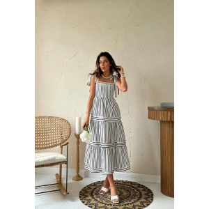 Siyah Omuzdan Bağlamalı Çizgili Elbise