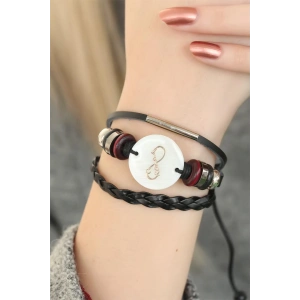 Siyah Renk Sonsuzluk ve Atatürk İmza Tasarım Çoklu Deri Bayan Bileklik