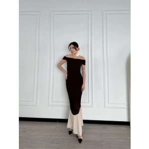 Striptiz Omuzlu Uzun Elbise- Kahve