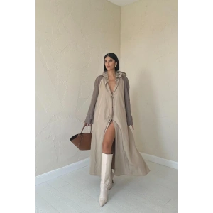 Taba Kapüşonlu Uzun Trençkot