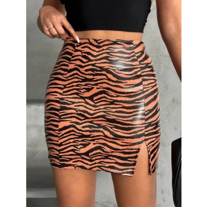 Tek yırtmaçlı zebra desenli deri etek kahvesiyah w24475-S