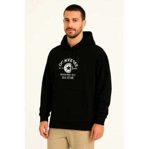 Üç İplik Kapşonlu ön Ve Arka Baskılı SweatShirt Hoodie- Siyah