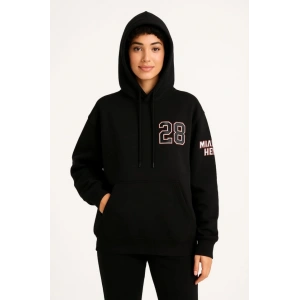 Üç İplik Kapüşonlu Ön Ve Arka Baskılı SweatShirt Hoodie - Siyah