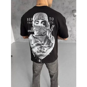 Unisex Baskılı Oversize T-Shirt - Siyah