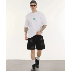 Unisex Bisiklet Yaka Baskılı Oversize T-Shirt - Beyaz