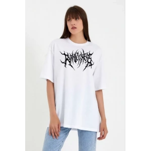Unisex Bisiklet Yaka Baskılı Oversize T-Shirt - Beyaz