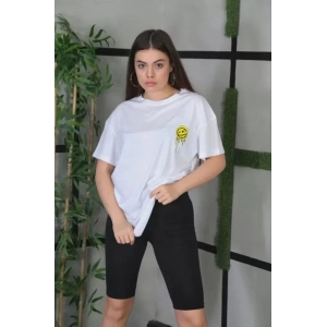 Unisex Bisiklet Yaka Baskılı Oversize T-Shirt - Beyaz