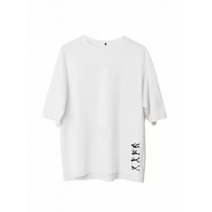 Unisex Bisiklet Yaka Baskılı Oversize T-Shirt - Beyaz