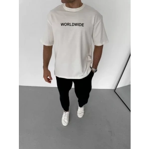 Unisex Bisiklet Yaka Baskılı Oversize T-Shirt - Beyaz