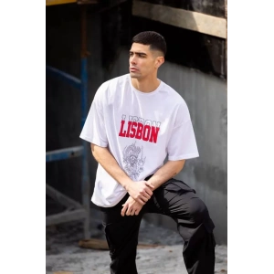 Unisex Bisiklet Yaka Baskılı Oversize T-Shirt - Beyaz