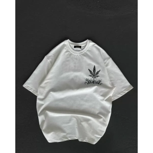 Unisex Bisiklet Yaka Baskılı Oversize T-Shirt - Beyaz