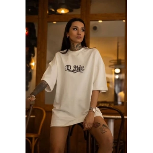 Unisex Bisiklet Yaka Baskılı Oversize T-Shirt - Beyaz