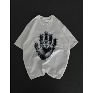 Unisex Bisiklet Yaka Baskılı Oversize T-Shirt - Beyaz