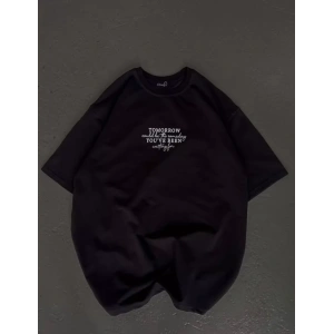 Unisex Bisiklet Yaka Baskılı Oversize T-Shirt - Siyah