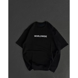 Unisex Bisiklet Yaka Baskılı Oversize T-Shirt - Siyah