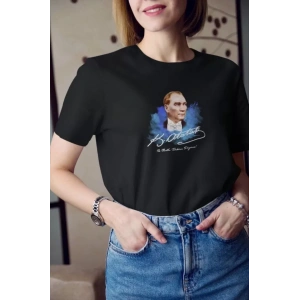 Unisex Bisiklet Yaka Baskılı Oversize T-Shirt - Siyah