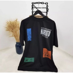 Unisex Bisiklet Yaka Baskılı Oversize T-Shirt - Siyah