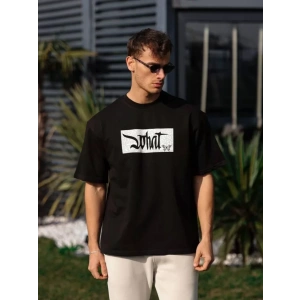 Unisex Bisiklet Yaka Baskılı Oversize T-Shirt - Siyah