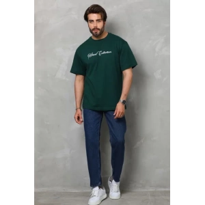 Unisex Bisiklet Yaka Baskılı Oversize T-Shirt - Yeşil