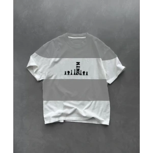 Unisex Bisiklet Yaka Baskılı Parçalı Oversize T-Shirt - Gri