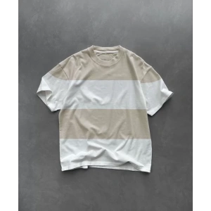 Unisex Bisiklet Yaka Parçalı T-Shirt - Bej