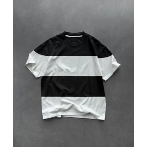 Unisex Bisiklet Yaka Parçalı T-Shirt - Siyah