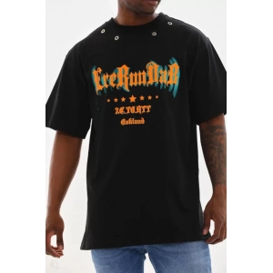 Unisex Kuşgözü Detaylı Baskılı Oversize T-Shirt - Siyah