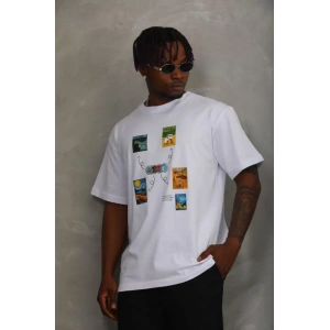 Unisex Oversize Baskılı Bisiklet Yaka T-Shirt - Beyaz