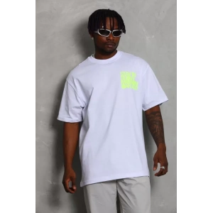 Unisex Oversize Baskılı Bisiklet Yaka T-Shirt - Beyaz