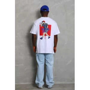 Unisex Oversize Baskılı Bisiklet Yaka T-Shirt - Beyaz