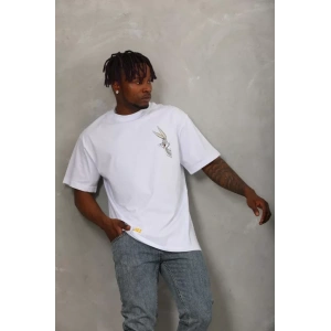 Unisex Oversize Baskılı Bisiklet Yaka T-Shirt - Beyaz