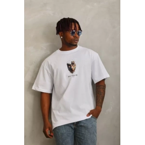 Unisex Oversize Baskılı Bisiklet Yaka T-Shirt - Beyaz