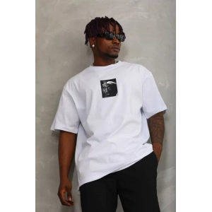 Unisex Oversize Baskılı Bisiklet Yaka T-Shirt - Beyaz