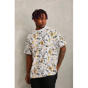 Unisex Oversize Baskılı Bisiklet Yaka T-Shirt - Beyaz